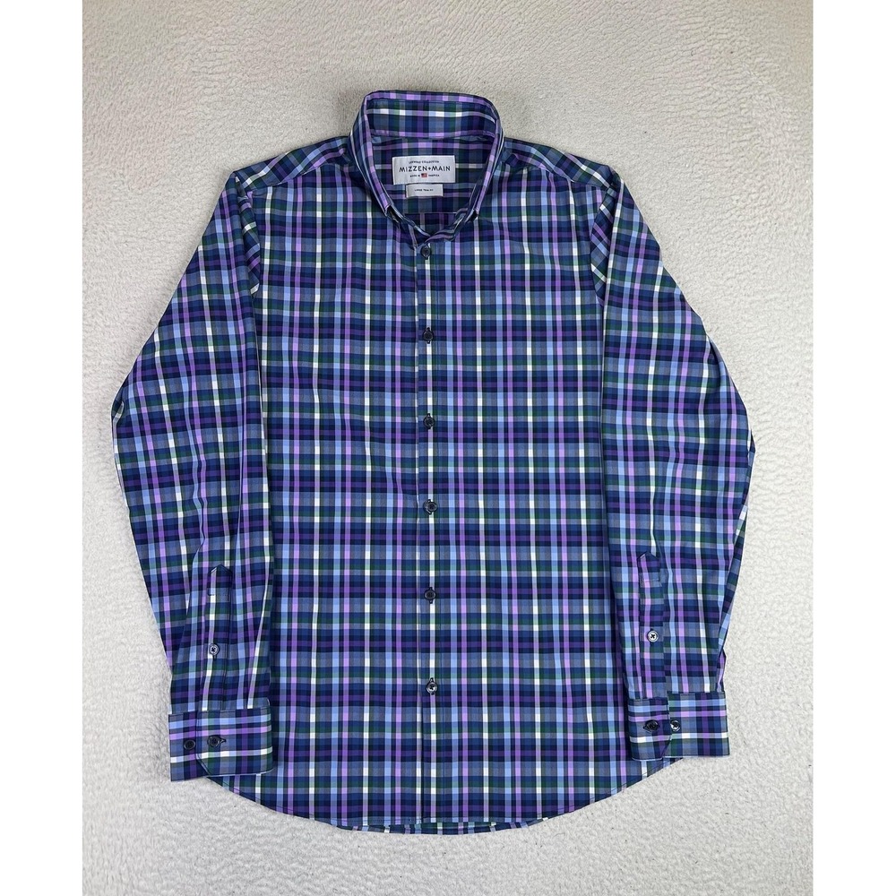Mizzen+Main Leeward Dress Shirt Mens Large Blue Plaid Trim Fit Stretch USA LS